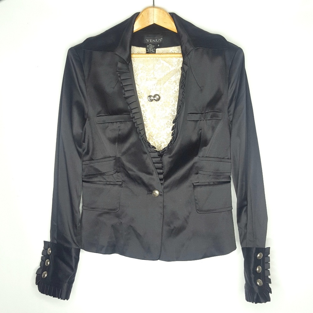 Venus Black Satin Ruffled Blazer Size 8